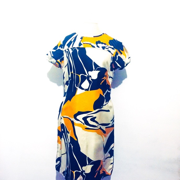 Silk dress small shift yellow navy off white - Picture 5 of 8